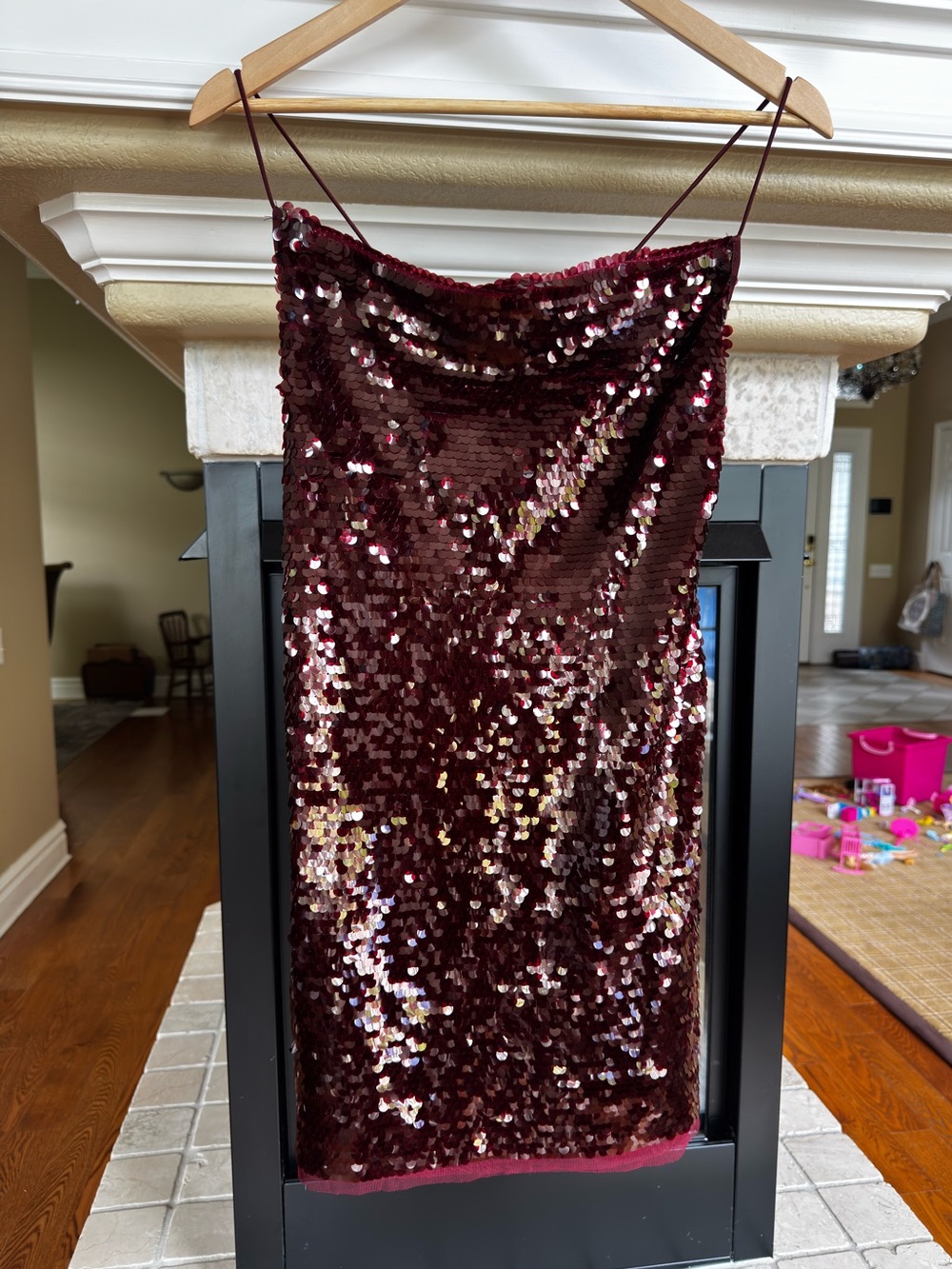 Maroon Sequin Party Mini dress Open Strapy Back Mesh Detail S